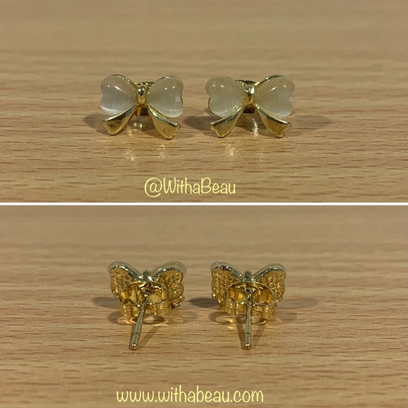 Gold Tone Bow Earrings - Jade - Picture 3 of 3